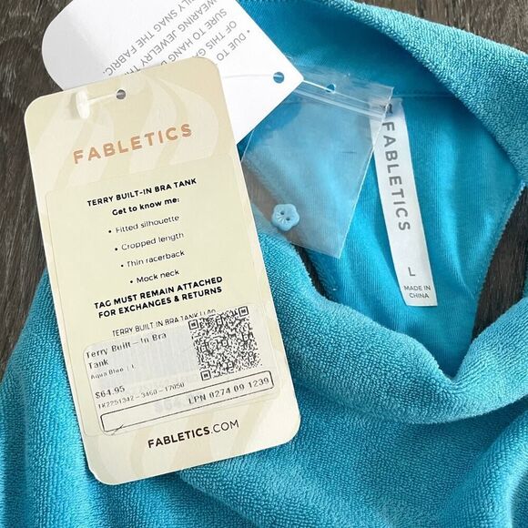 NWT Fabletics Terry Built-In Bra Tank Aqua Blue - Size: Large - Picture 6 of 11